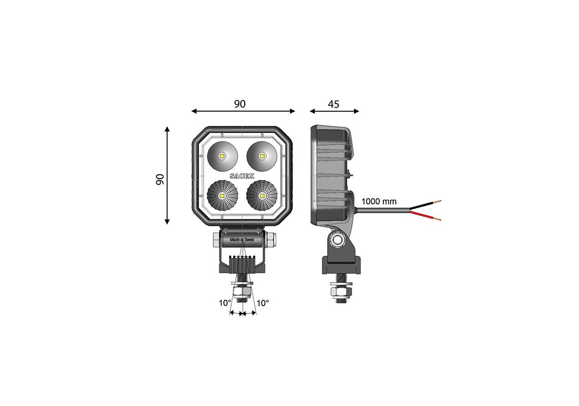 LED Arbeitsscheinwerfer CARBONLUX Quadrat 90X90mm - Kabel - Gelbes Licht